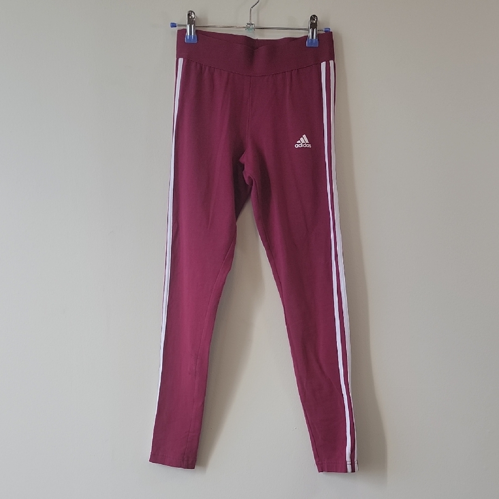 Adidas Women's Maroon Leggings with White Stripes